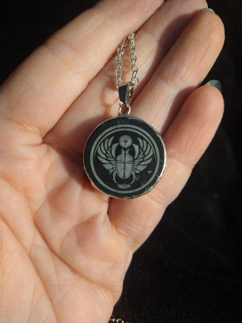 Black Marble Engraved Scarab Pendant Necklace